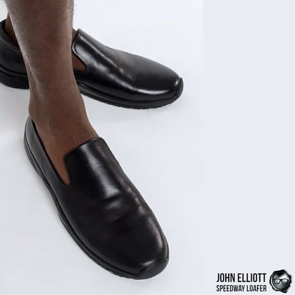 JOHN ELLIOTT SPEEDWAY LEATHER LOAFERS IN BLACK BUFFED CALFSKIN MEN’S LUXURY SHOE - Picture 3 of 16